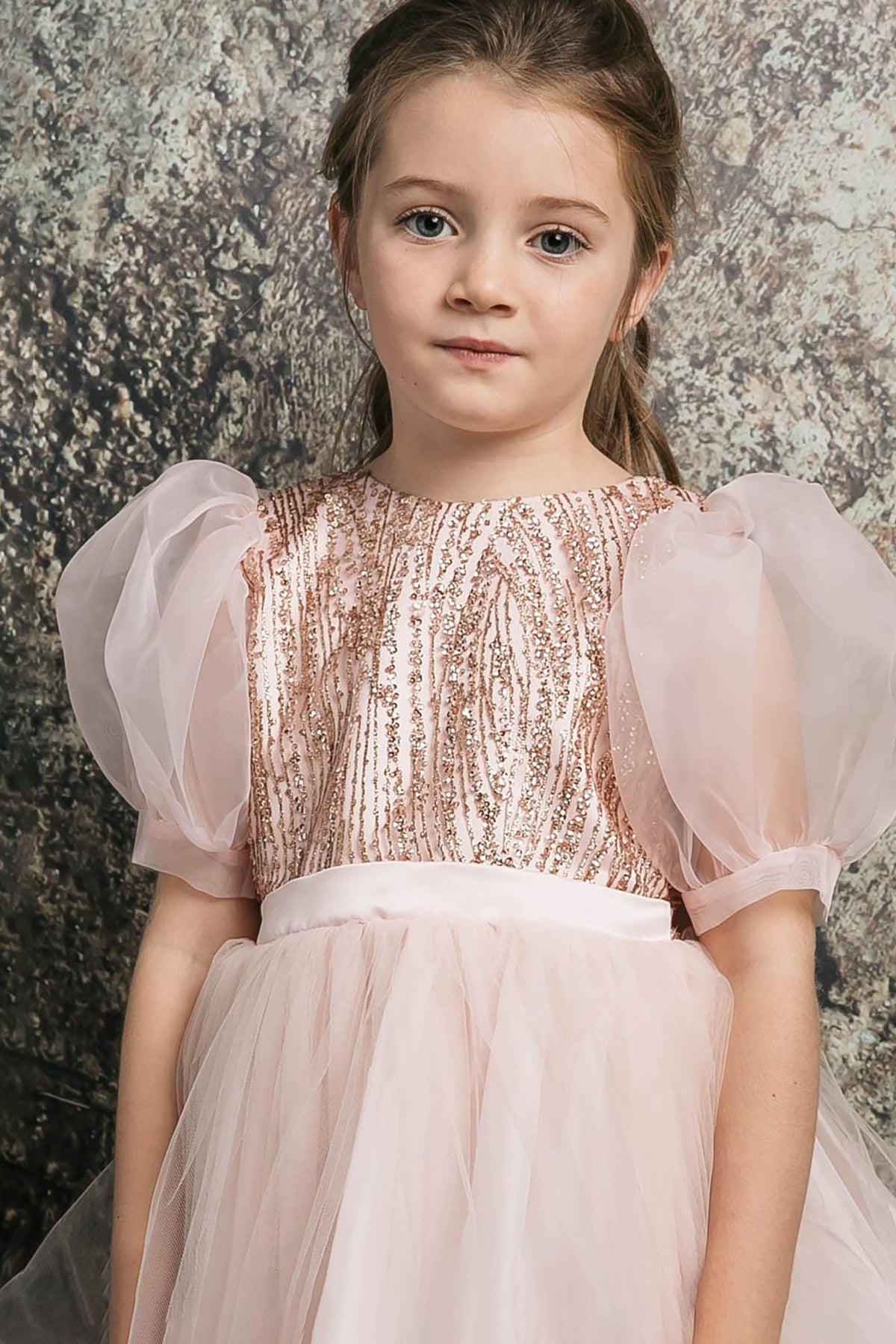 A Blush Glittering Sequin bodice Luxurious Tulle with Organza Bubble Sleeve Tea-length flower girl dress.