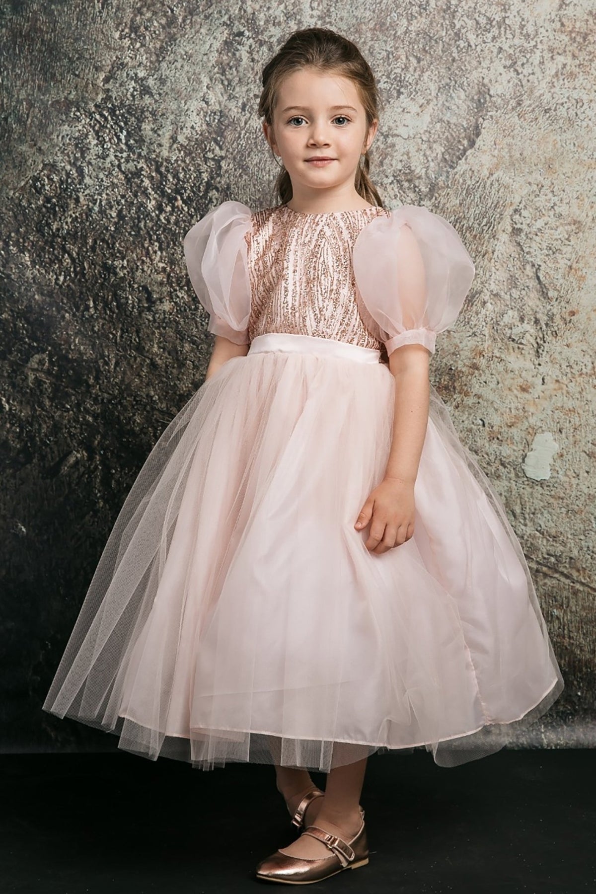 Front view of Blush Glittering Sequin bodice Tulle with Organza Bubble Sleeve Tea-length flower girl dress.