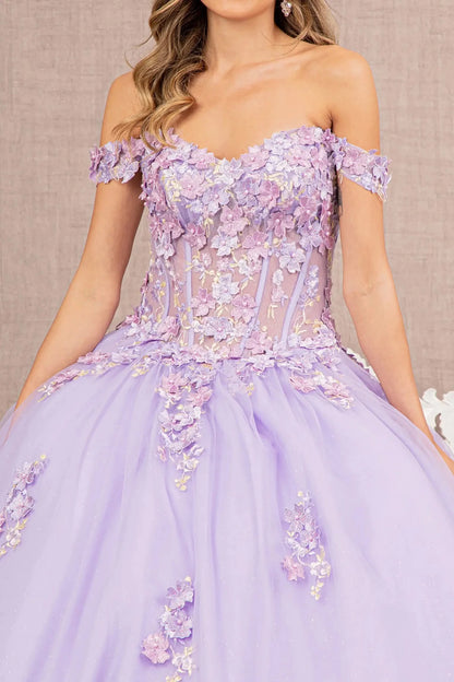 Lilac off-shoulder dress with floral embellishments on a neutral background