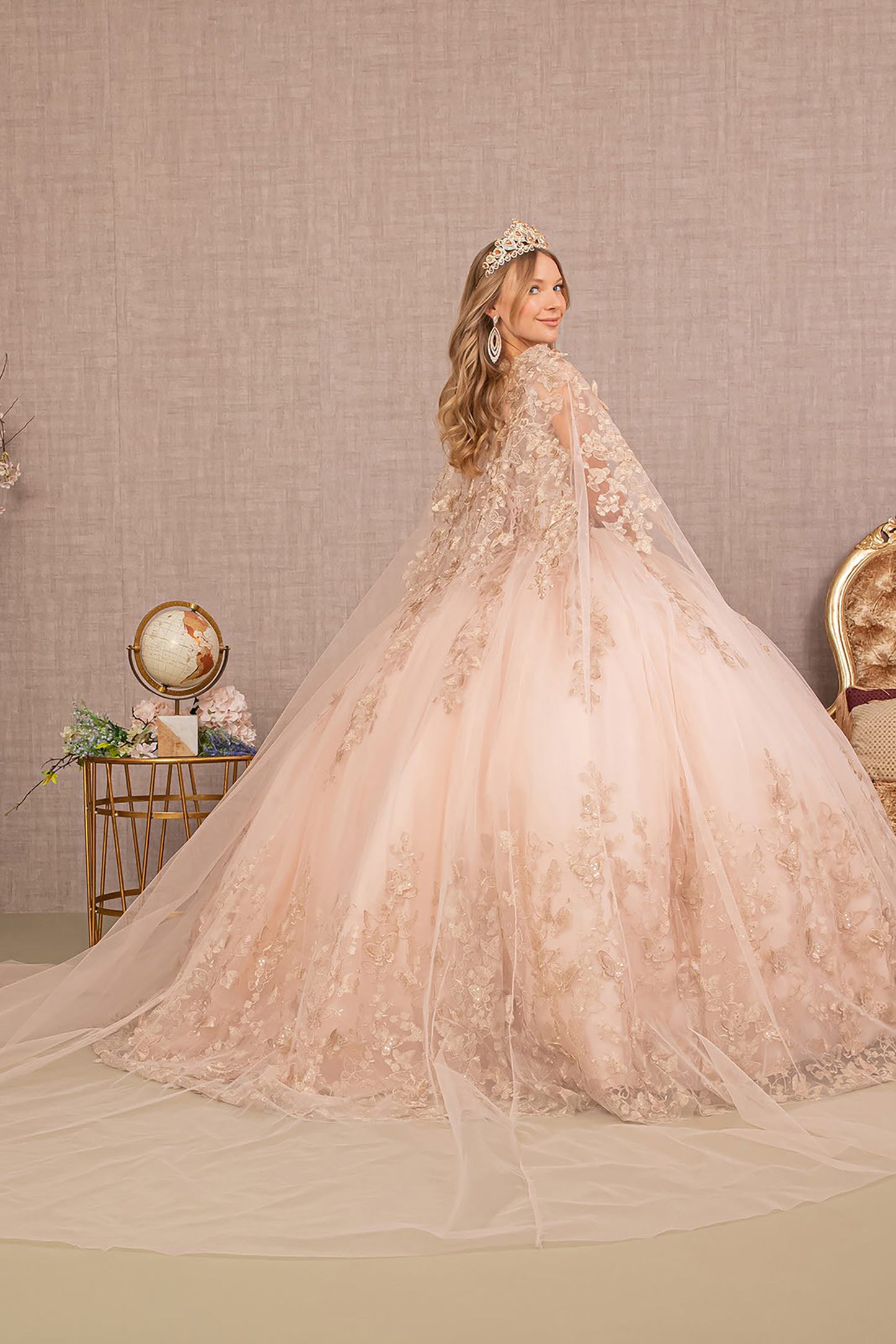 Quinceañera | Rose Gold Champagne Jewel Mesh 3D Butterfly Appliqués Quince Dress with Long Mesh Cape | Paloma dress side view