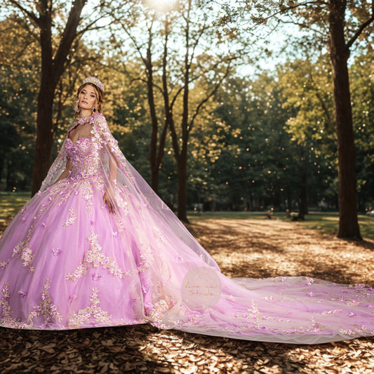 Quinceañera | Lilac Floral Ball Gown with Sheer Bodice and Long Mesh Drapes 