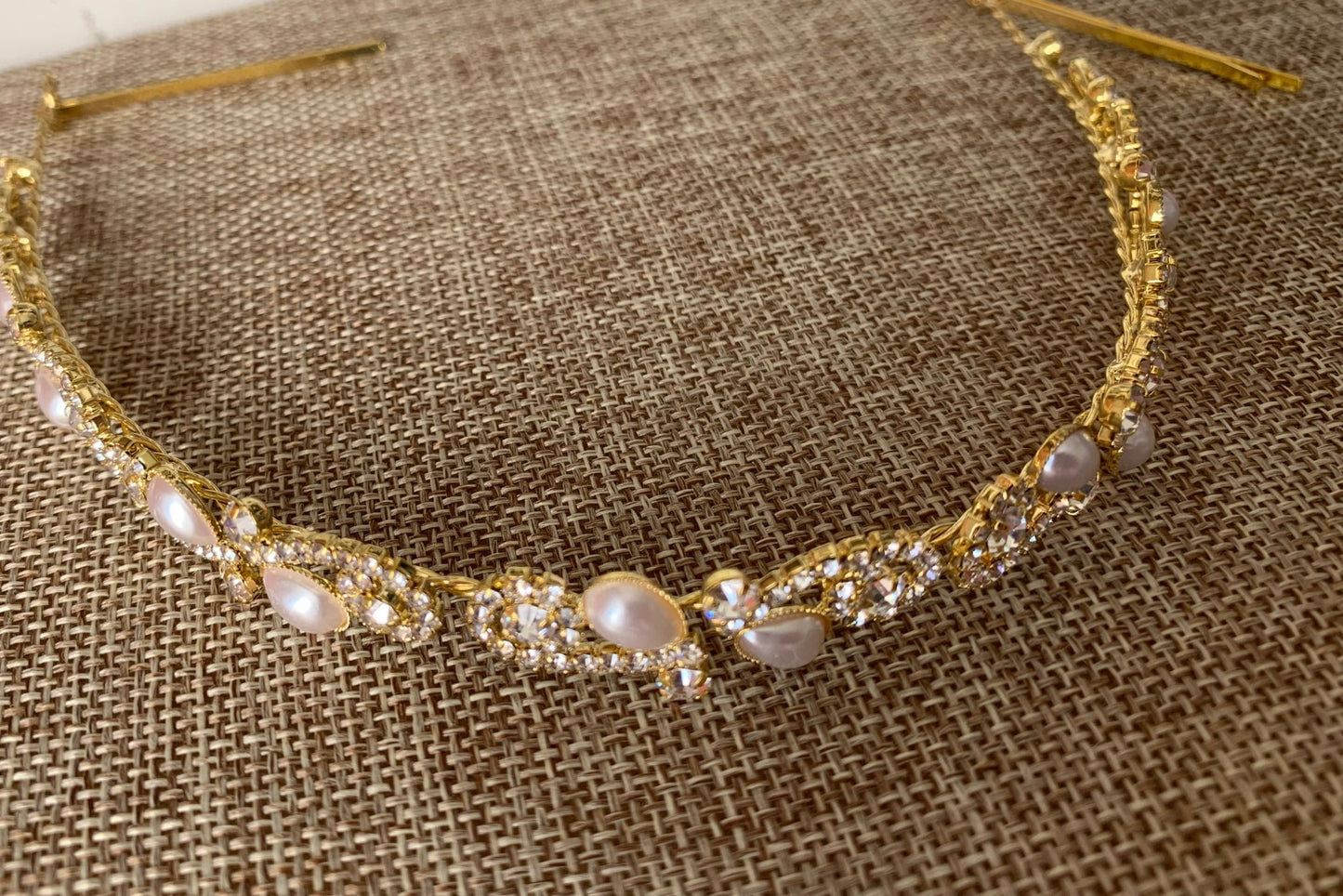 Gold pearl rhinestone bridal headpiece or sash belt, side view.