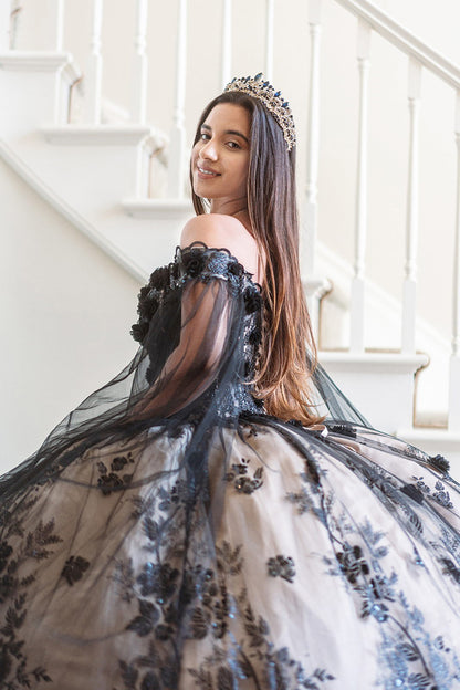 Quinceañera | Black Champagne 3D Floral Appliqué Glitter Pattern Embellished Mesh Sweet 15 Dress with Mesh Sleeves | Paiva dress side view