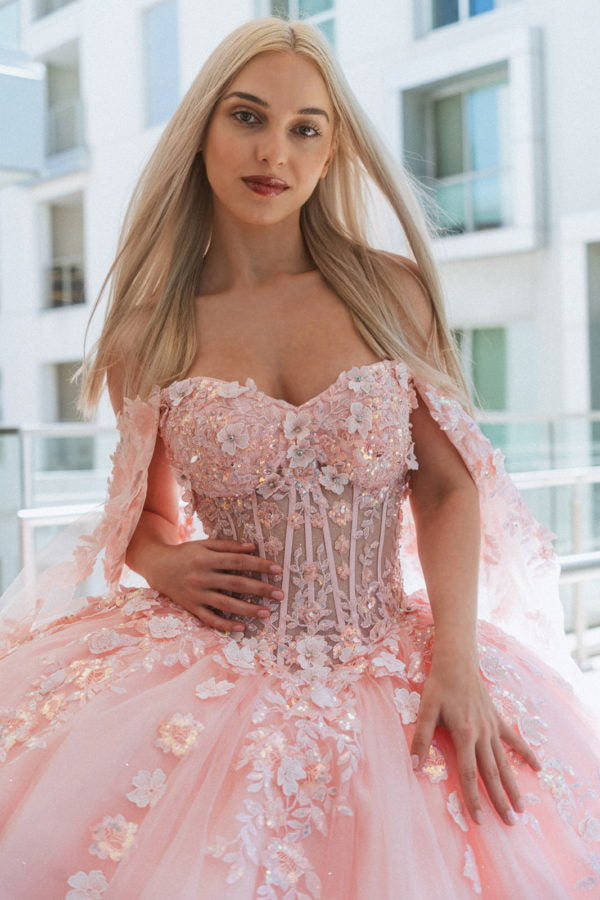 Quinceañera | Blush 3D Flower Sheer Bodice Mesh Long Train Quince Dress Ball Gown with Side Mesh Long Drapes | Plus Size Available | Leya dress front zoom