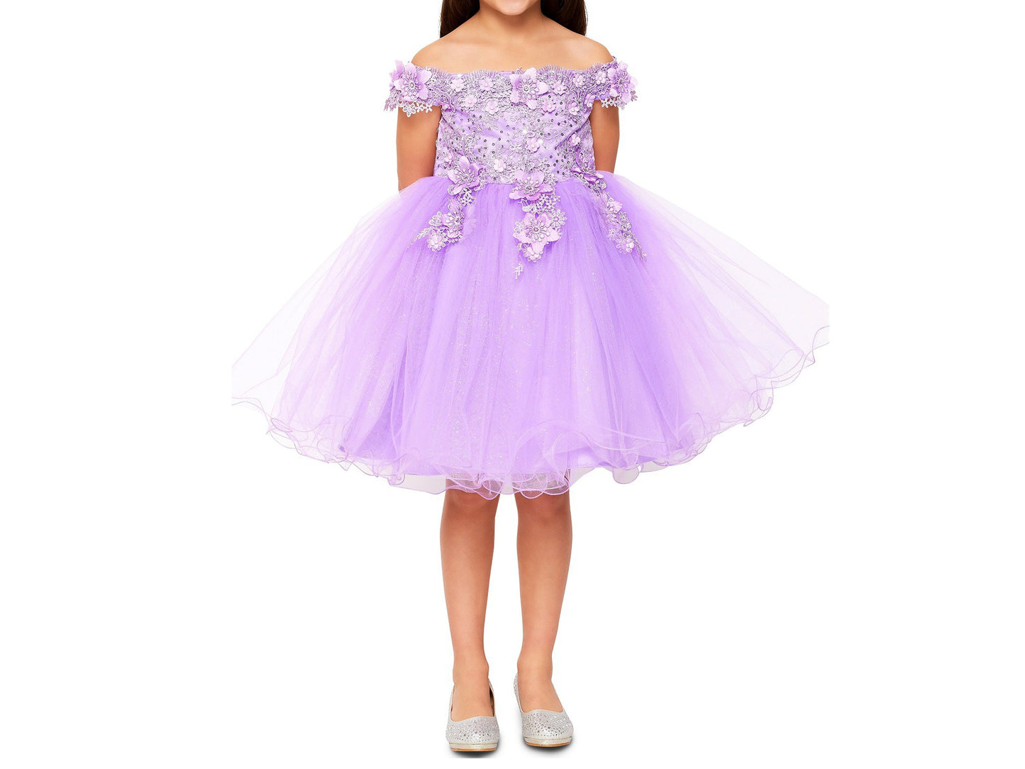 Lilac Off the shoulder Embedded 3D Floral & Rhinestones Sparkling Glitter Tulle Flower Girl Dress - front view of girl wearing dress