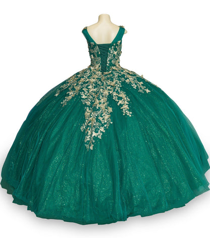 Quinceanera | Hunter Green Metallic Embroidered 3D Butterfly on Glitter Tulle Sweet 15 Ball Gown | Natalia dress | 3 Colors back