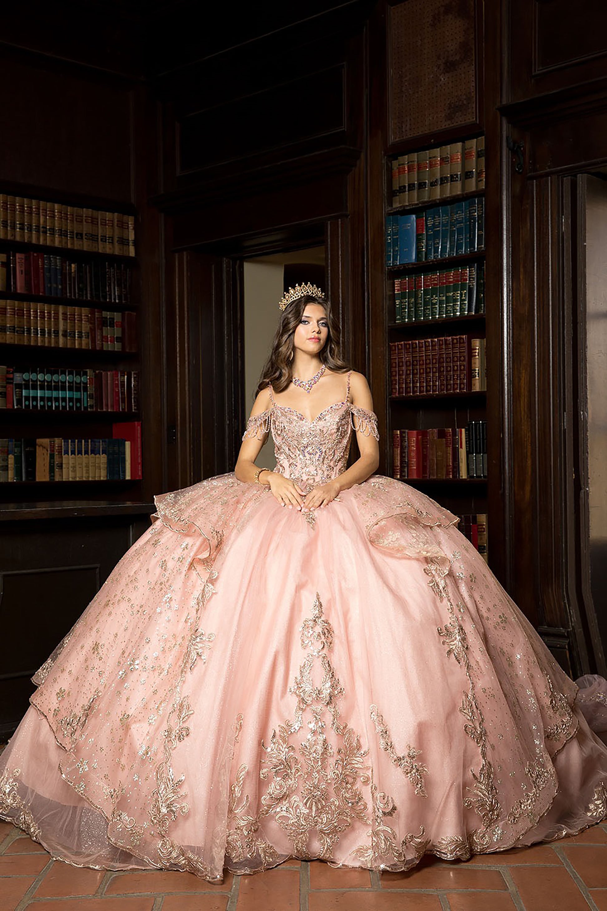 Quinceañera | Rose Gold Off Shoulder Epaulets Sleeve with Detachable Cathedral Tulle Train Quince Ball Gown | Esmeralda dress | 2 Colors Available front view