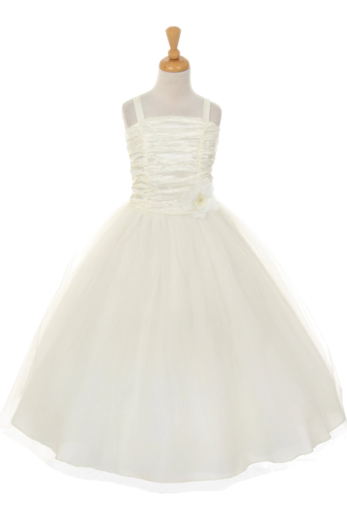 Ivory mini quince dress with a crinkled bodice and full tulle skirt.