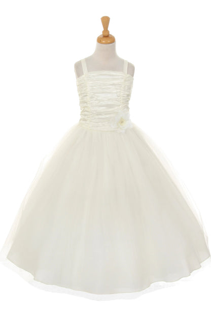 Ivory mini quince dress with a crinkled bodice and full tulle skirt.