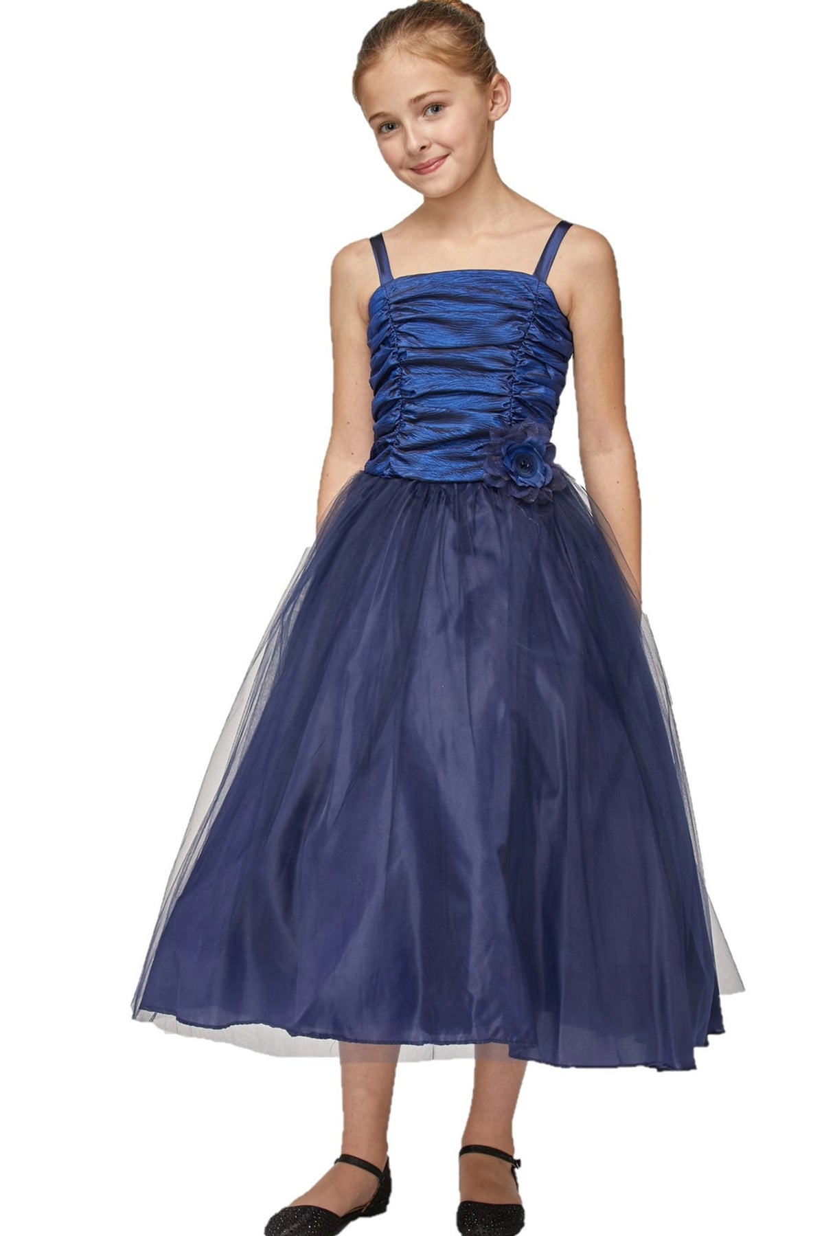 Navy mini quince dress with a ruched bodice and full tulle skirt.
