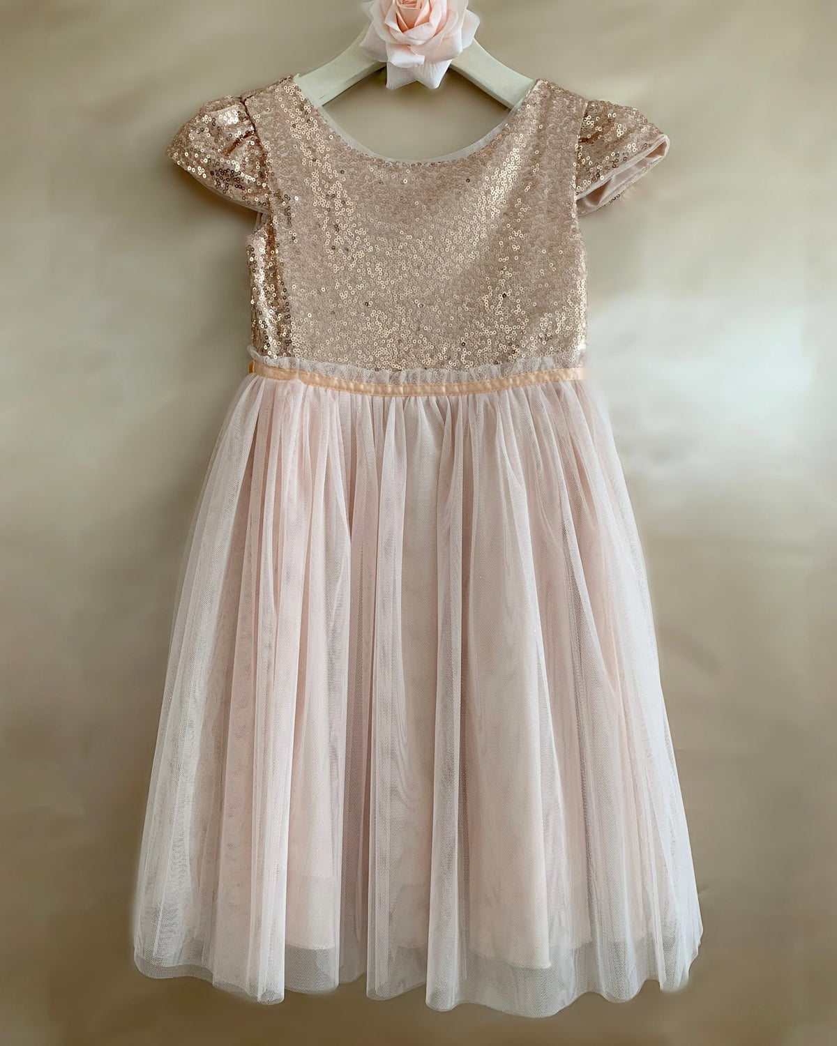 super soft mesh layered flower girl dress with sparkling sequin bodice, cap sleeves, and airy mesh skirt.