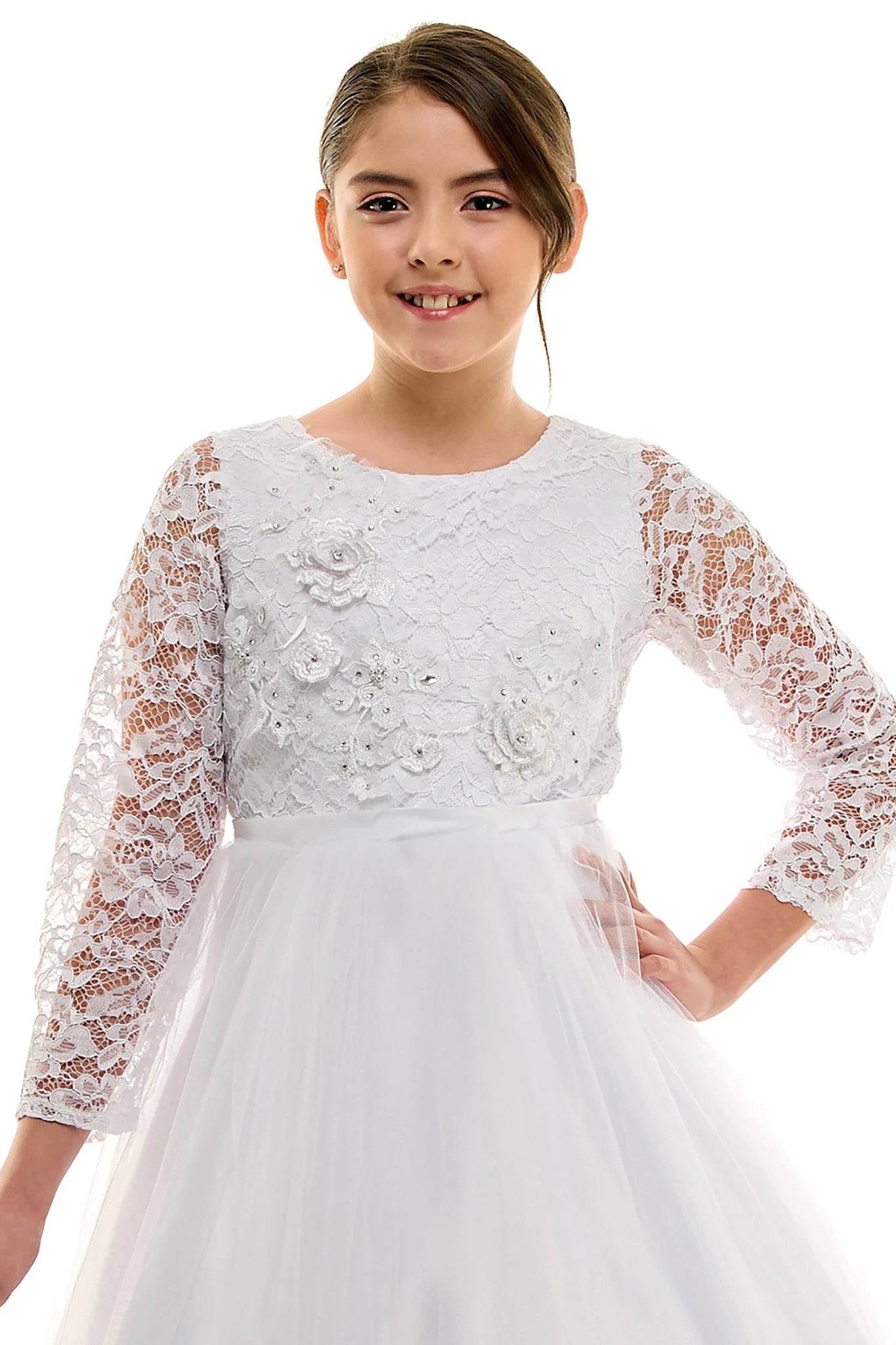 A white lace communion dress with long sleeves.