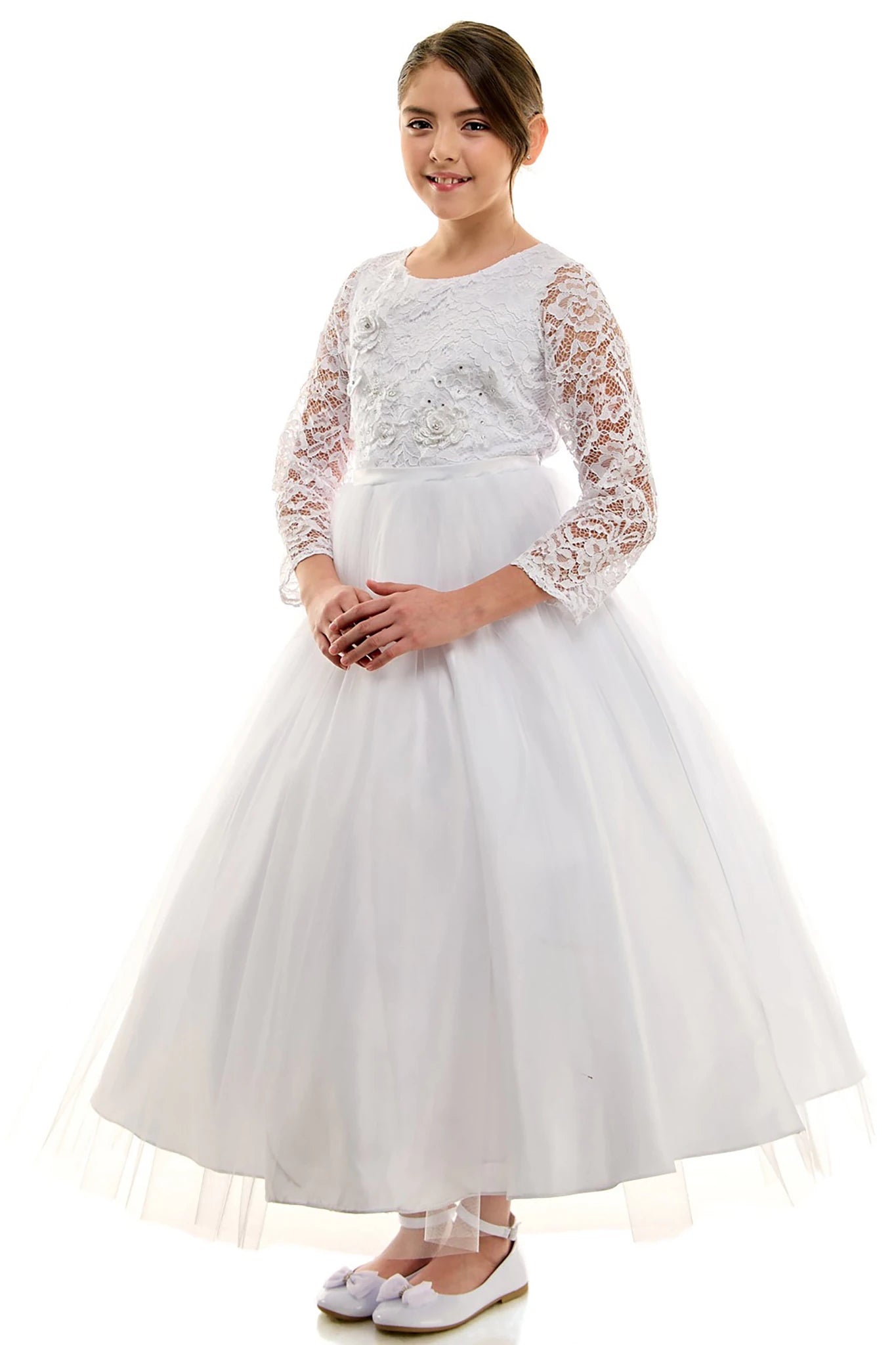 A white lace communion dress.