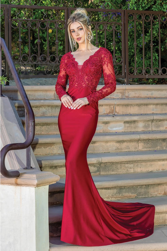 Featuring a floor-length skirt, this Burgundy prom dress is shown in full view.