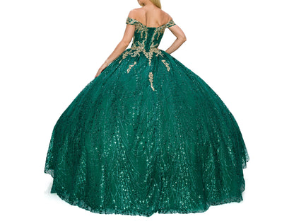 Quinceanera | Hunter Green Rhinestone and Glittered Lace Off-Shoulder Spaghetti Back with Matching Cape Sweet 15 Ballgown | Antonella dress | 3 Colors Available back