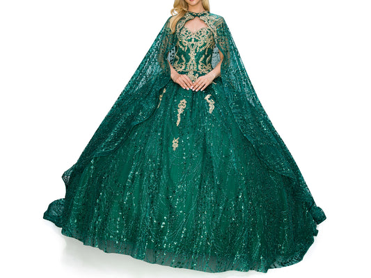 Quinceanera | Hunter Green Rhinestone and Glittered Lace Off-Shoulder Spaghetti Back with Matching Cape Sweet 15 Ballgown | Antonella dress | 3 Colors Available front