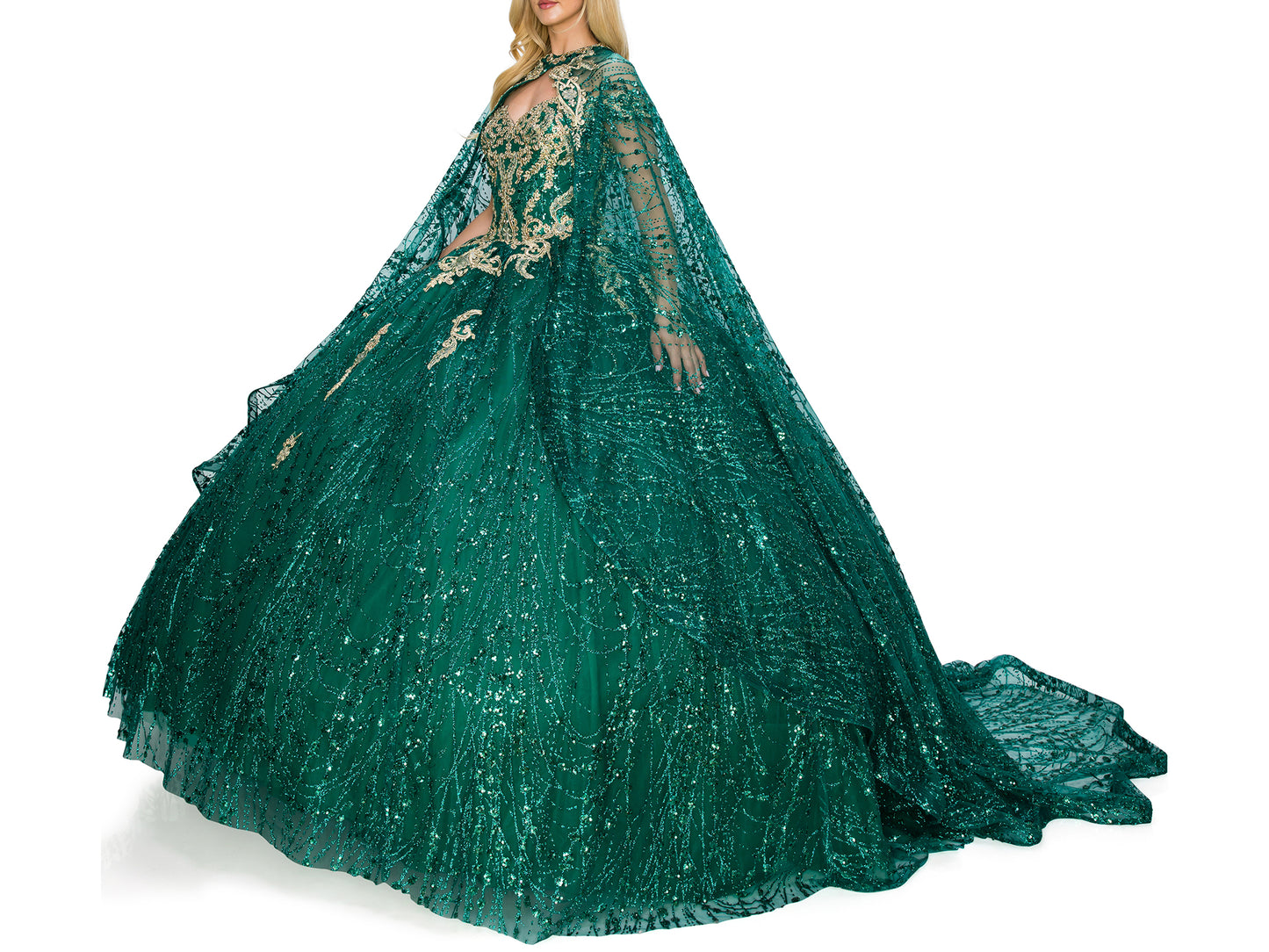 Quinceanera | Hunter Green Rhinestone and Glittered Lace Off-Shoulder Spaghetti Back with Matching Cape Sweet 15 Ballgown | Antonella dress | 3 Colors Available side with cape