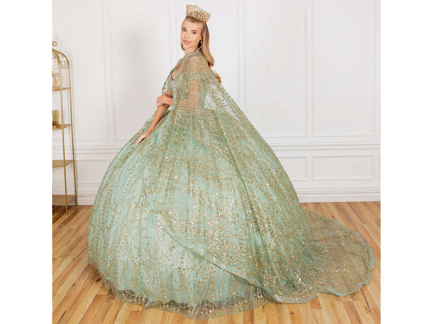 Quinceanera | Sage Rhinestone and Glittered Lace Off-Shoulder Spaghetti Back with Matching Cape Sweet 15 Ballgown | Antonella dress | 3 Colors Available side