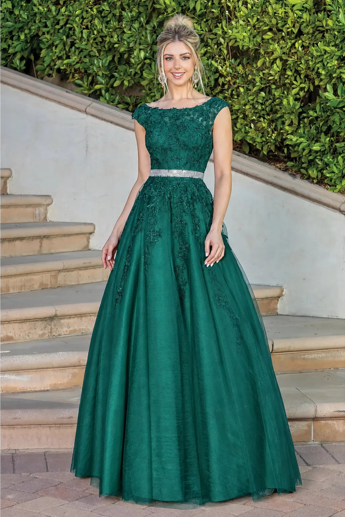 Embroidered bodice and a full skirt define the Hunter Green Embroidered Prom Dress.