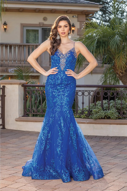Featuring a floor-length skirt, this Royal Blue prom dress is shown in full view.