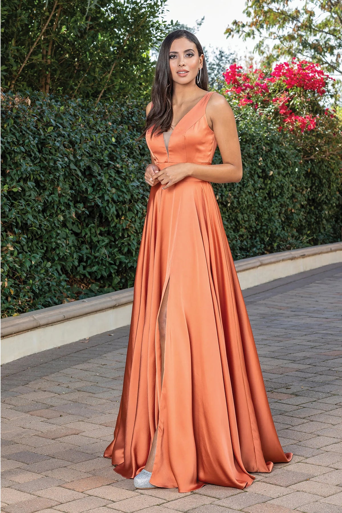 Featuring a floor-length skirt, this Sienna prom dress is shown in full view.