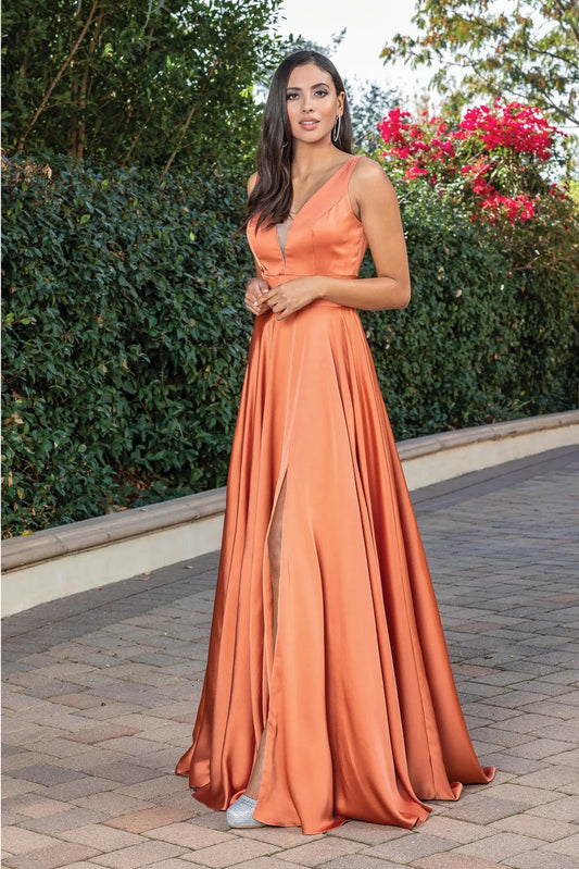 Featuring a floor-length skirt, this Sienna prom dress is shown in full view.