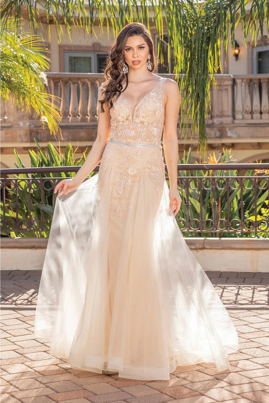 Featuring a floor-length skirt, this Champagne prom dress is shown in full view.