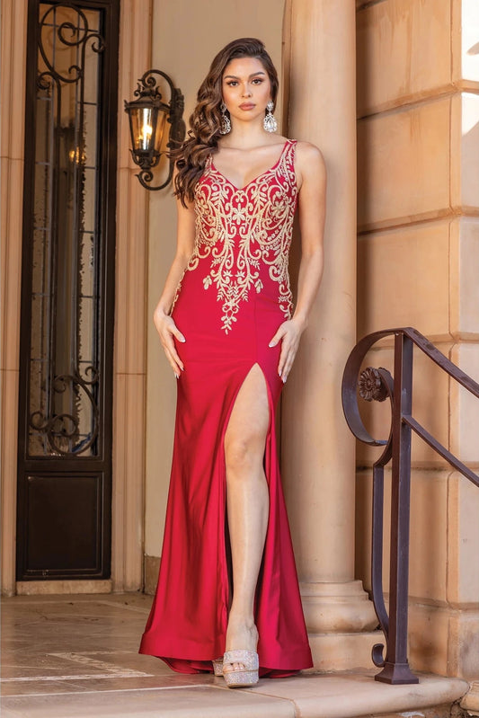 Featuring a floor-length skirt, this Burgundy prom dress is shown in full view.