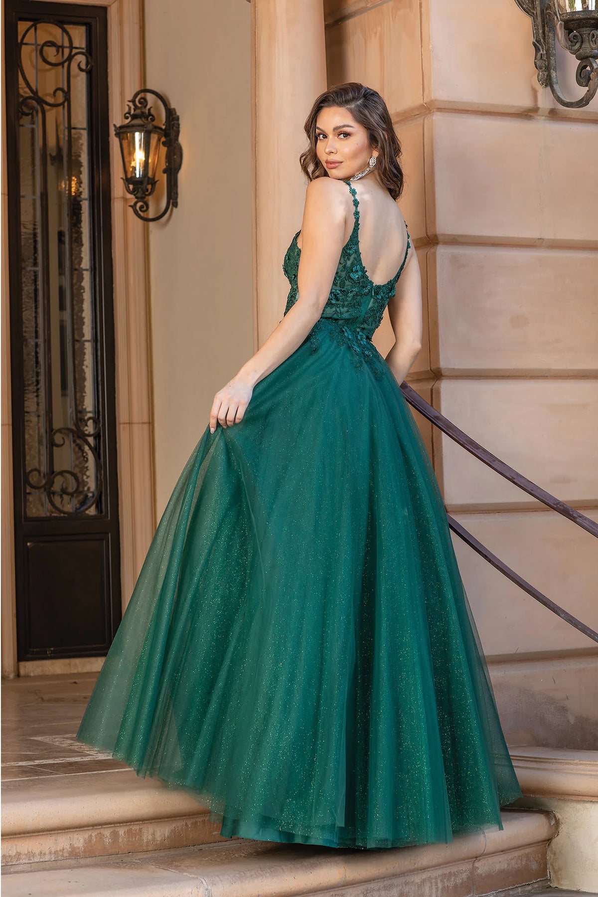 From the back, the Hunter Green prom dress reveals its floor-length skirt.