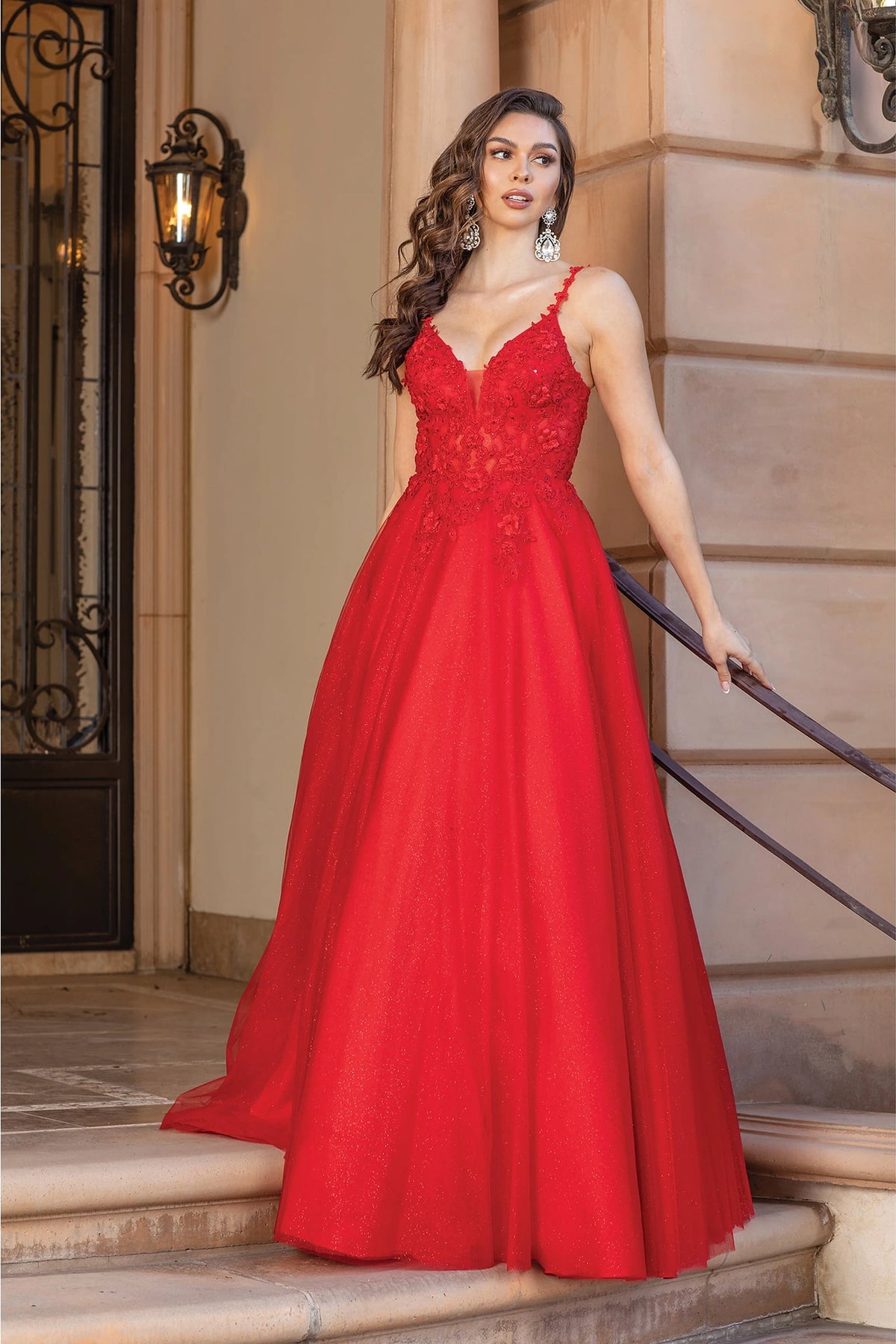 Featuring a floor-length skirt, this Red prom dress is shown in full view.