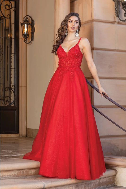 Featuring a floor-length skirt, this Red prom dress is shown in full view.