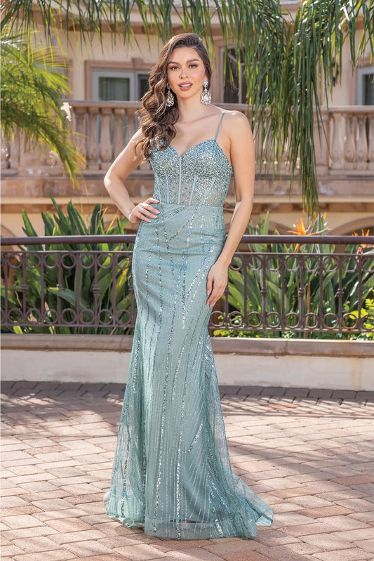 Featuring a floor-length skirt, this Sage prom dress is shown in full view.
