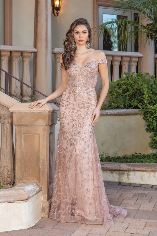 Featuring a floor-length skirt, this Rose Gold prom dress is shown in full view.