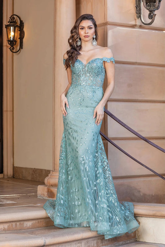 Featuring a floor-length skirt, this Sage prom dress is shown in full view.