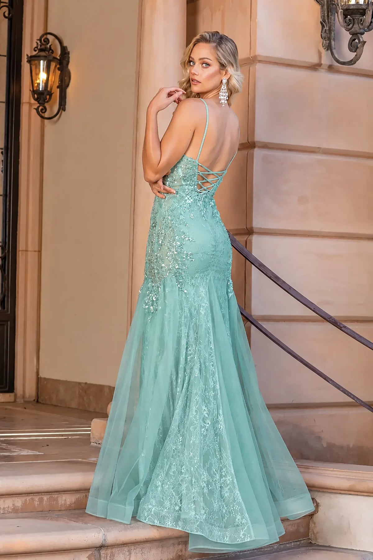 Sage Prom Dress with Floral Appliques