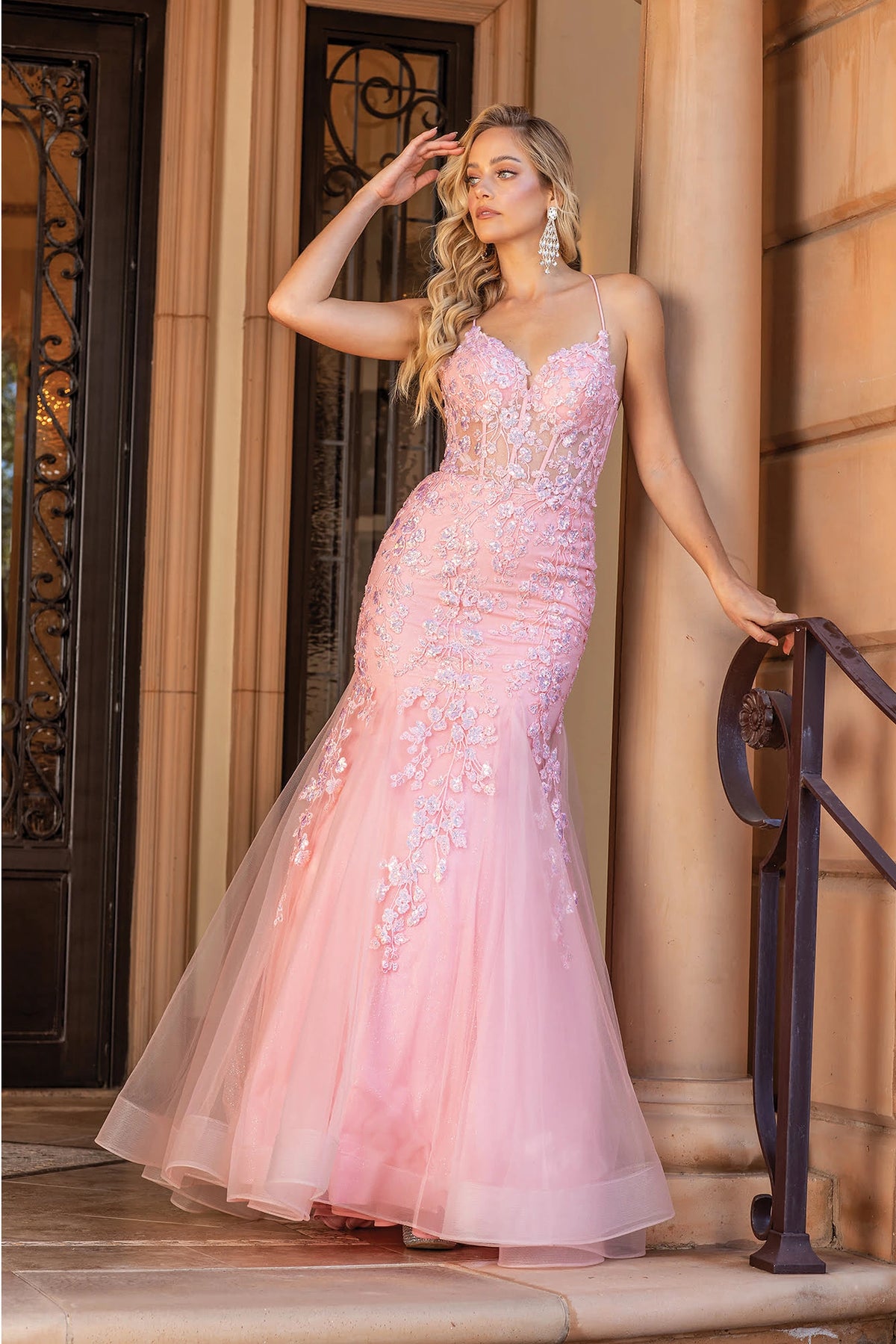 Featuring a floor-length skirt, this Blush prom dress is shown in full view.