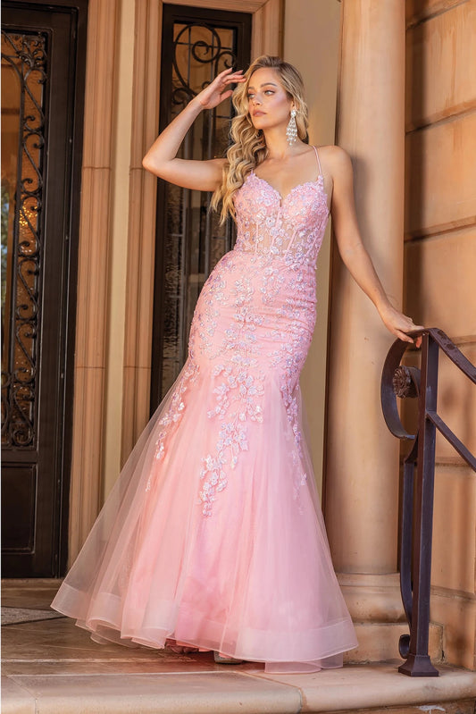 Featuring a floor-length skirt, this Blush prom dress is shown in full view.
