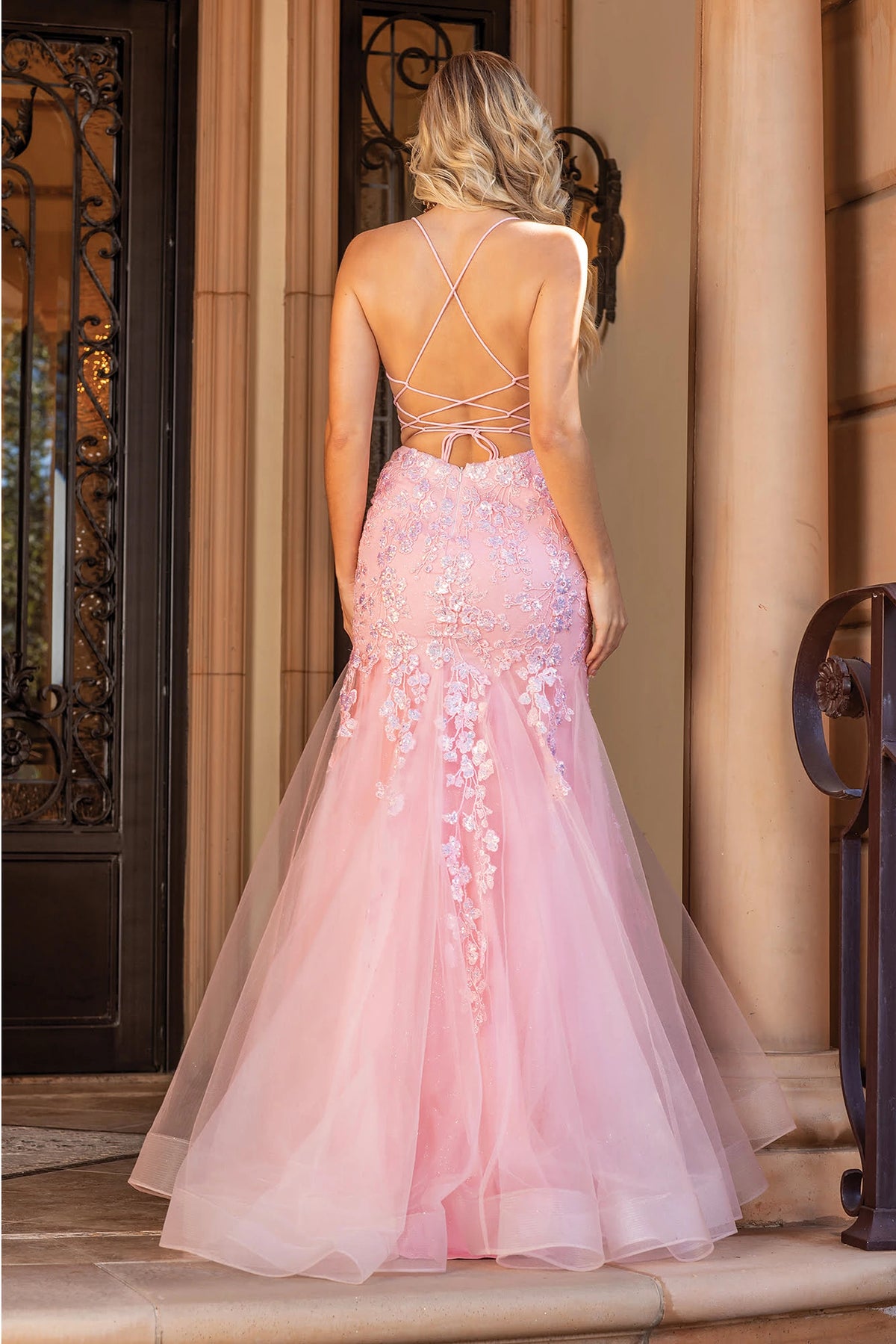 From the back, the Blush prom dress reveals its floor-length skirt.