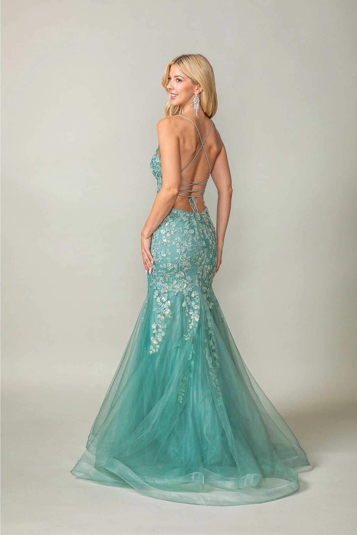 From the back, the Sage prom dress reveals its floor-length skirt.