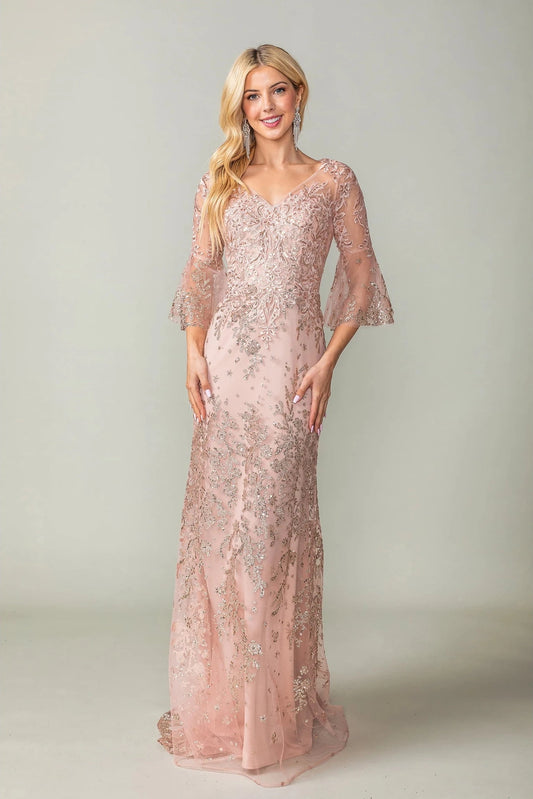 Featuring a floor-length skirt, this Rose Gold prom dress is shown in full view.