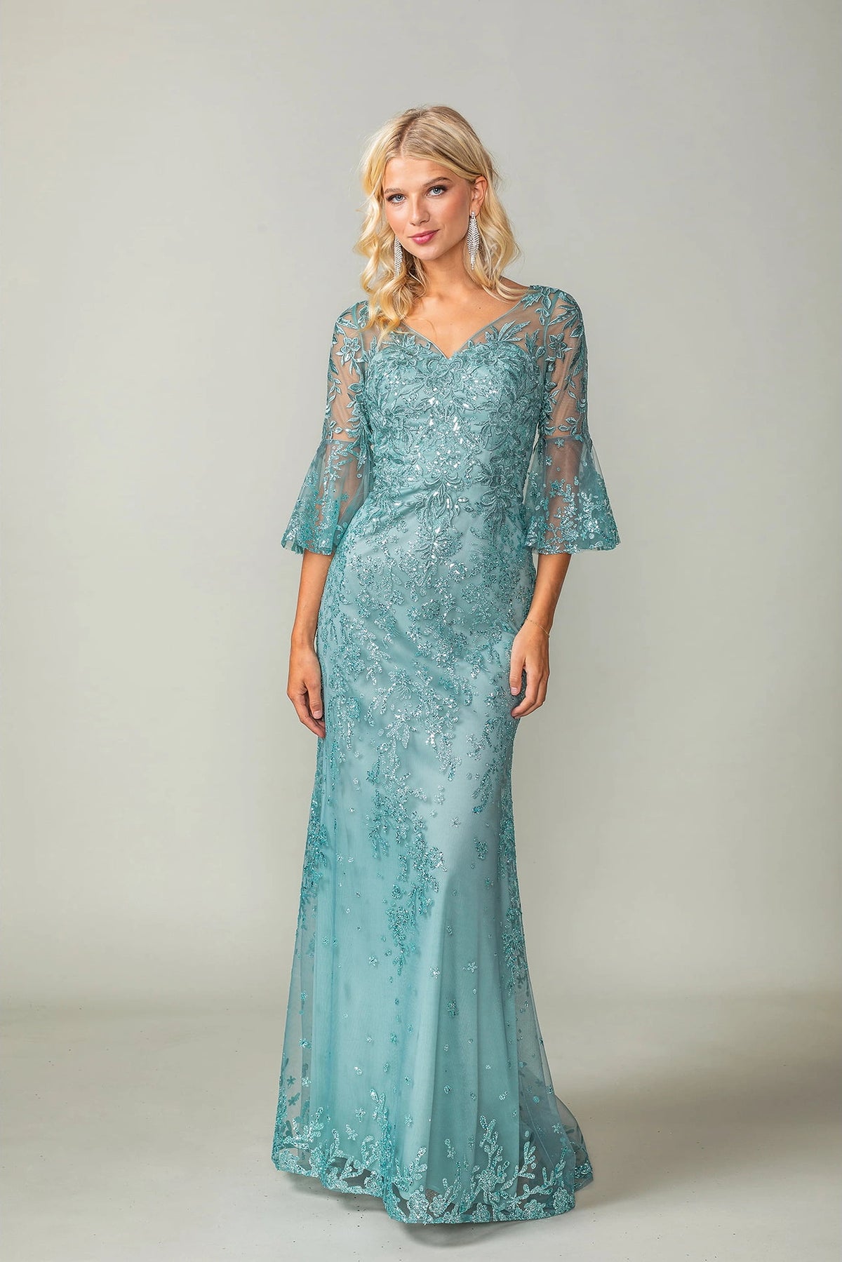 Featuring a floor-length skirt, this Sage prom dress is shown in full view.
