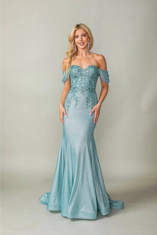 Featuring a floor-length skirt, this Sage prom dress is shown in full view.