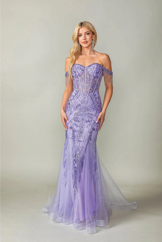 Featuring a floor-length skirt, this Lilac prom dress is shown in full view.