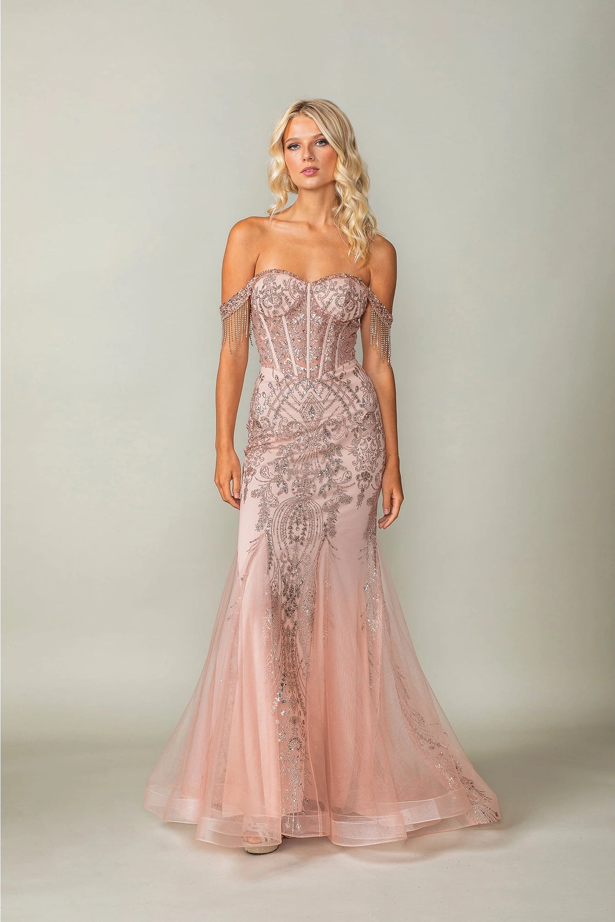 Featuring a floor-length skirt, this Rose Gold prom dress is shown in full view.