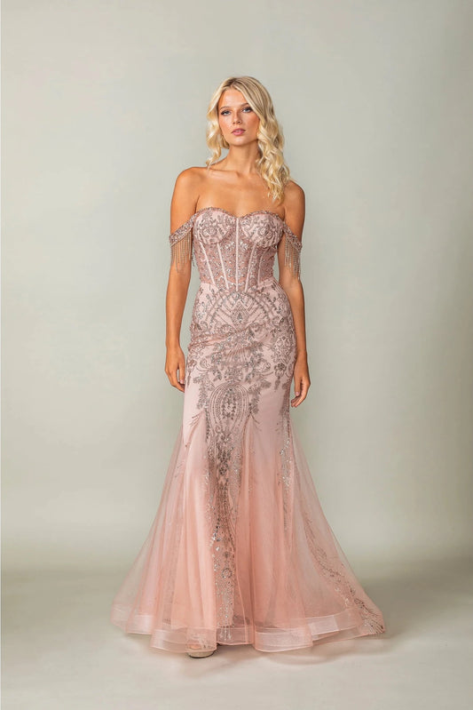 Featuring a floor-length skirt, this Rose Gold prom dress is shown in full view.