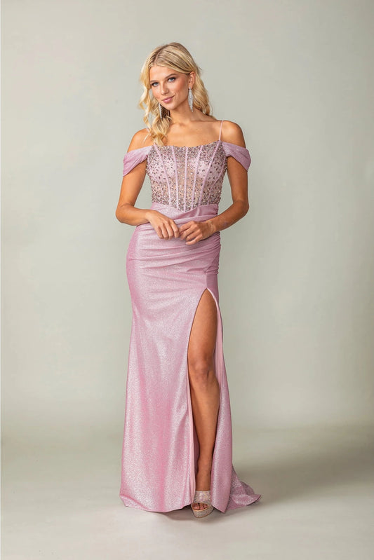 Featuring a floor-length skirt, this Blush prom dress is shown in full view.