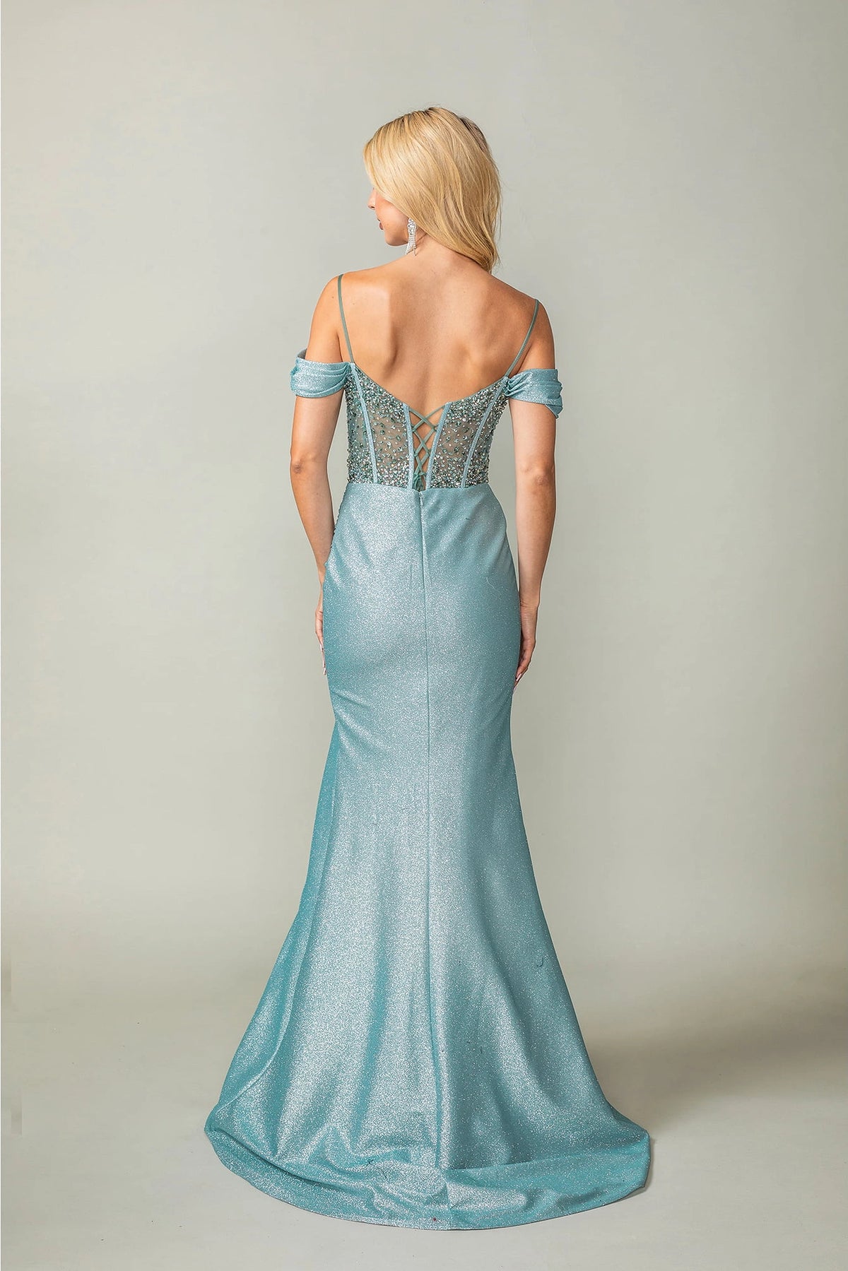 From the back, the Sage prom dress reveals its floor-length skirt.