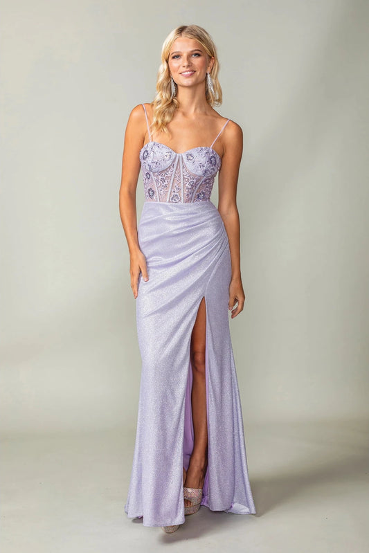 Featuring a floor-length skirt, this Lilac prom dress is shown in full view.