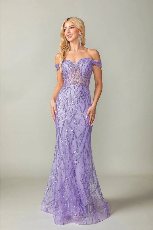 Featuring a floor-length skirt, this Lilac prom dress is shown in full view.