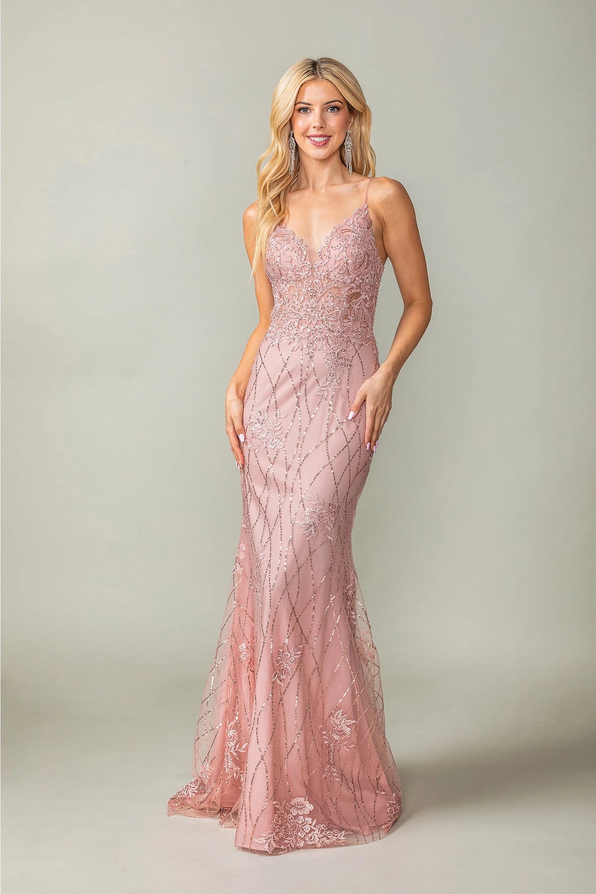 Featuring a floor-length skirt, this Dark Blush prom dress is shown in full view.